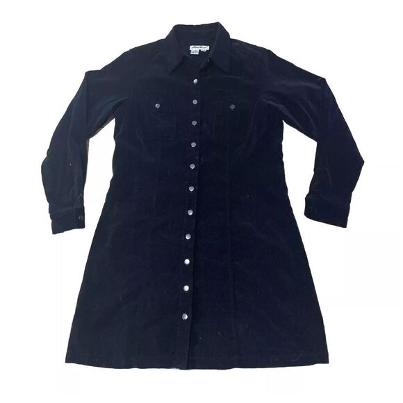 VTG EDDIE BAUER Velvet Shirt Dress Womens Snap Button Long Sleeve Collar Black L - Picture 1 of 13